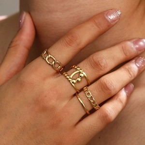 Stainless Steel Rings Cuban Chain Hollow Geometric Adjustable Open Stackable Finger Rings Women Punk Minimalist Vintage Jewelry