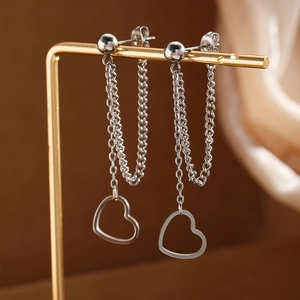 Minimalist stainless steel long tassel heart earrings with double chain dangle design