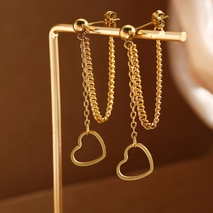 Stainless Steel Heart Tassel Drop Earrings For Women Minimalist Long Chain Hollow Love Pendant Elegant Jewelry