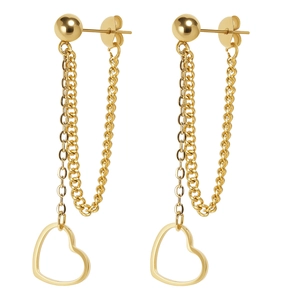 Minimalist gold stainless steel long tassel earrings with heart pendants and bead studs