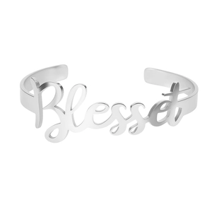 Minimalist stainless steel open bangle bracelet with cursive Blessed lettering design
