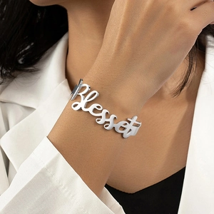 Blessed Letter Cuff Bracelet Stainless Steel Open Adjustable Bangle Personalized Minimalist Jewelry For Women Men