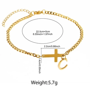 Detail of gold cross and letter C pendant anklet with dimension and weight markings