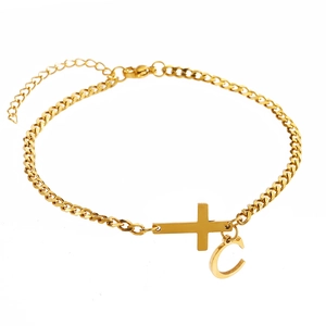 Gold-tone stainless steel Cuban anklet with cross and letter C pendant for women