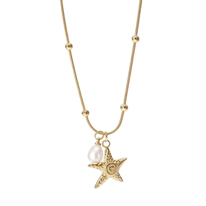 Collana con pendente a stella marina dorata, perla a goccia e catena a serpente