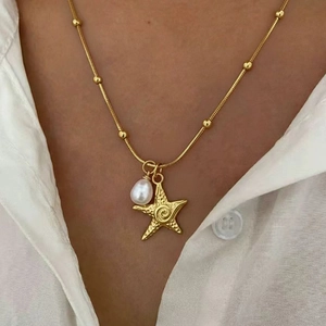 Collana Pendente Stella Marina Acciaio Inossidabile Con Perla Artificial Sintetica Texture Spirale Stile Oceano Gioielli Donna