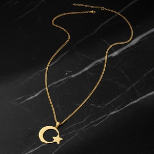 Collier en acier inoxydable doré poli avec pendentif croissant de lune et étoile