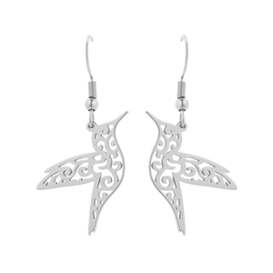 Boucles d'oreilles pendantes en acier inoxydable poli avec motifs d'oiseaux évidés