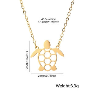 Detailed view of hollow turtle pendant on gold stainless steel chain with measurements