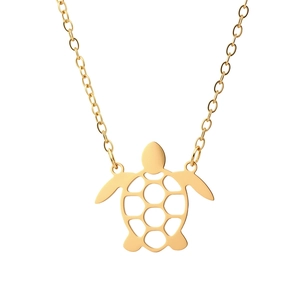 Minimalist gold-polished hollow sea turtle pendant necklace on a delicate O-chain