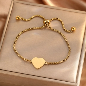 Bracelet à chaîne gourmette réglable en acier inoxydable doré avec pendentif cœur poli