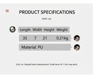 Detailed size chart for retro PU leather chest bag measuring 35x7x21cm and 0.21kg