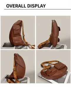 Detailed views of vintage brown leather chest bag from multiple angles with two front pockets