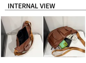 Detail view of the brown leather chest bag interior showing large storage capacity
