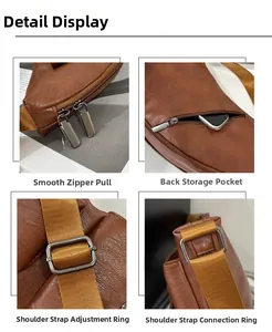 Detail view of smooth metal zippers and vintage leather texture on a brown chest bag
