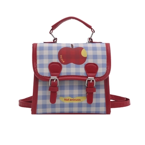 Kids gingham handbag with red trim and apple print, featuring adjustable crossbody strap