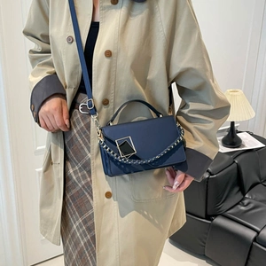 Navy blue leather crossbody square bag with gold hardware and chain handle for women
