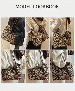 Detail of leopard print tote bag with brown leather straps shown in various style outfits