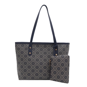 Retro plaid tote bag and small pouch set with gold hardware and blue leather trim