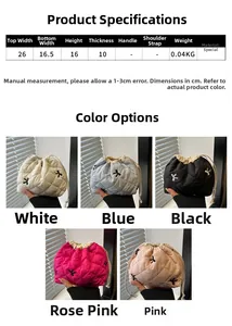 Size chart for portable quilted drawstring pouch with bow embroidery details