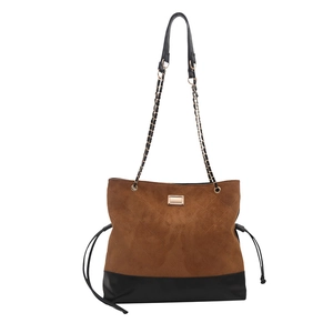 Quilted suede tote bag with chain strap and color-block brown and black stitching