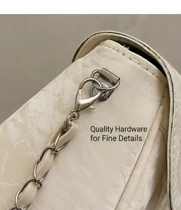 Detail of silver lobster clasp and leather intertwined chain on a cream textured handbag