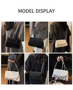 Detailed views of ruched cloud bags in black, cream, and silver with chain straps