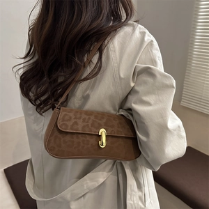 Brown leopard print baguette underarm bag with gold metal buckle for women
