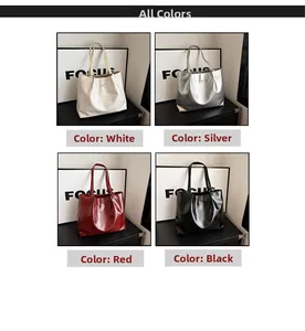 Collage of chic tote bags in white, silver, red, and black with metal bow details