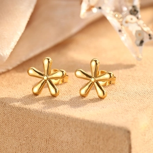 Elegant gold polished stainless steel five-petal flower stud earrings for women