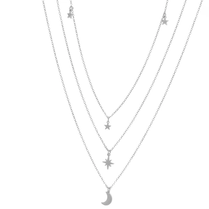 Three-layer silver stainless steel necklace with star and moon charms on white background