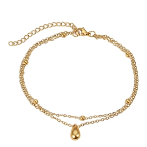 Double-layered gold stainless steel anklet with small gold beads and a teardrop pendant