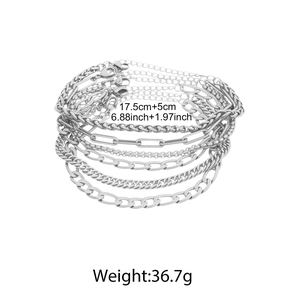 Polished silver stainless steel layered bracelet set with Cuban and paperclip links