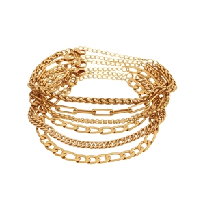 Set of 6 gold stainless steel Cuban and paperclip chain bracelets with lobster clasps
