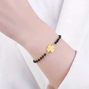 Bracelet Perles Pendentif Trèfle À Quatre Feuilles Acier Inoxydable Perles Facettées Noires Réglable Bijoux Mode Pour Femmes