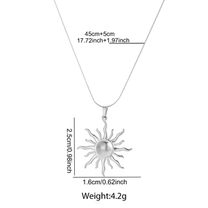 Silver sunburst pendant necklace in stainless steel with detailed measurement labels