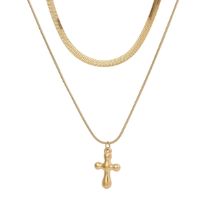 Collier double rang en acier inoxydable doré avec chaîne serpent plate et pendentif croix