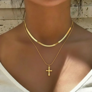 Collier Double Couche Avec Pendentif Croix En Acier Inoxydable Chaîne À Chevrons Bijoux De Mode Minimalistes Pour Femmes Hommes