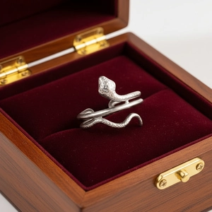 Bague serpent punk argentée avec texture d'écailles et un luxueux coffret cadeau en bois