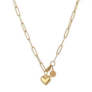 Collier en acier inoxydable doré avec pendentif cœur et disque sur chaîne trombone
