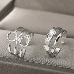 Minimalist double-layer silver stainless steel open ring set with circular hollow design