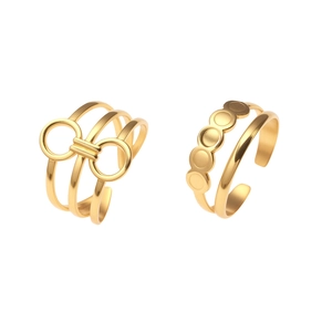 Vintage gold layered stainless steel rings with geometric circles and embossed details