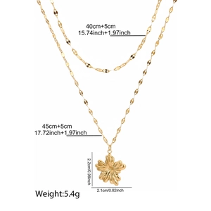 Detail view of double-layer gold flower necklace with dimensions and chain lengths