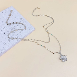 Double-layered stainless steel necklace with flower pendant and multi-color natural stone beads