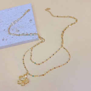 Double-layered gold stainless steel flower pendant necklace with colorful accents