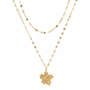 Elegant gold double-layer stainless steel necklace featuring a textured 3D flower pendant
