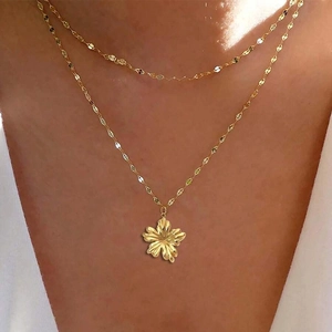 Flower Pendant Double Layer Necklace Stainless Steel Gold Plated Mixed Stone Beads Boho Chic Fashion Jewelry For Women