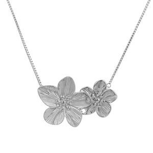 Polished silver stainless steel double flower pendant necklace on a box chain for women