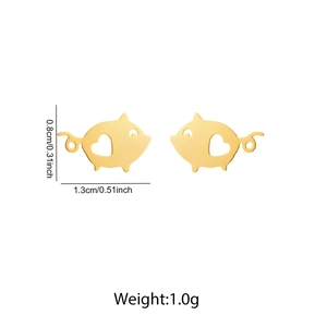 Macro shot of gold stainless steel pig stud earrings showing dimensions 0.8cm by 1.3cm