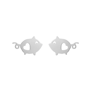 Polished stainless steel pig stud earrings featuring a hollow heart motif for women